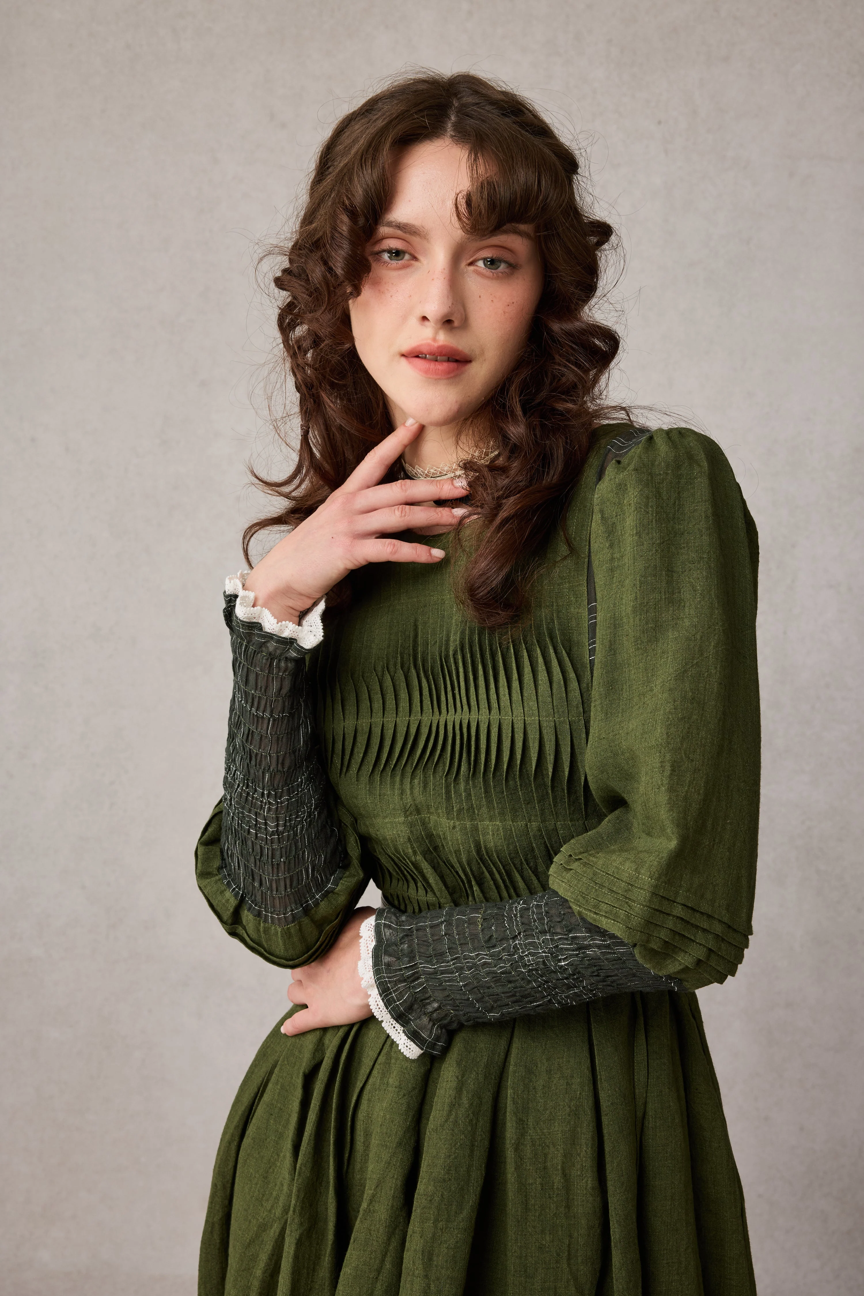 Eliana 15 | Pintucked Patchwork Linen Dress - Image 15