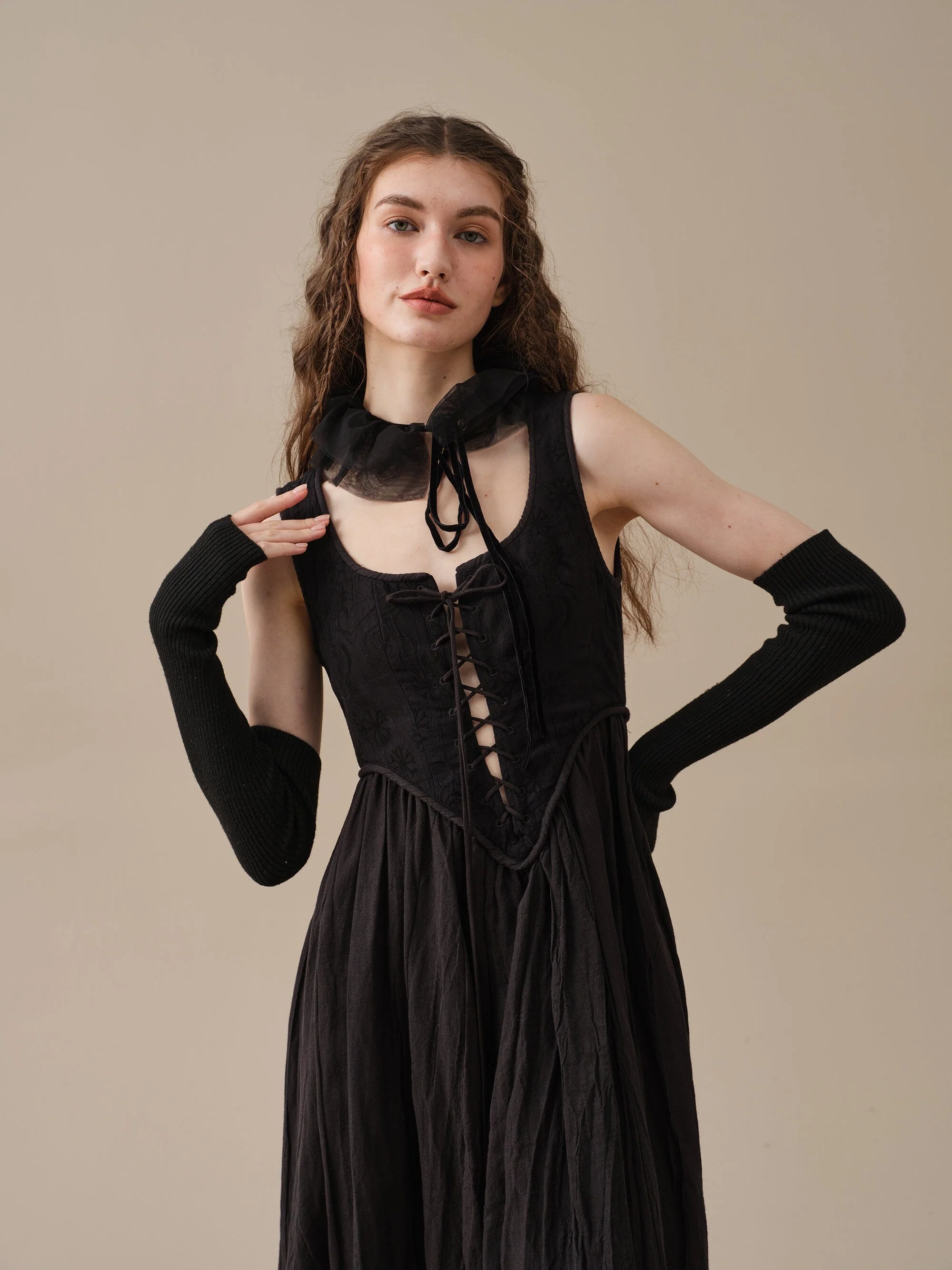 Anis 23 | Lace-up Jacquard Linen Corset Dress - Image 11