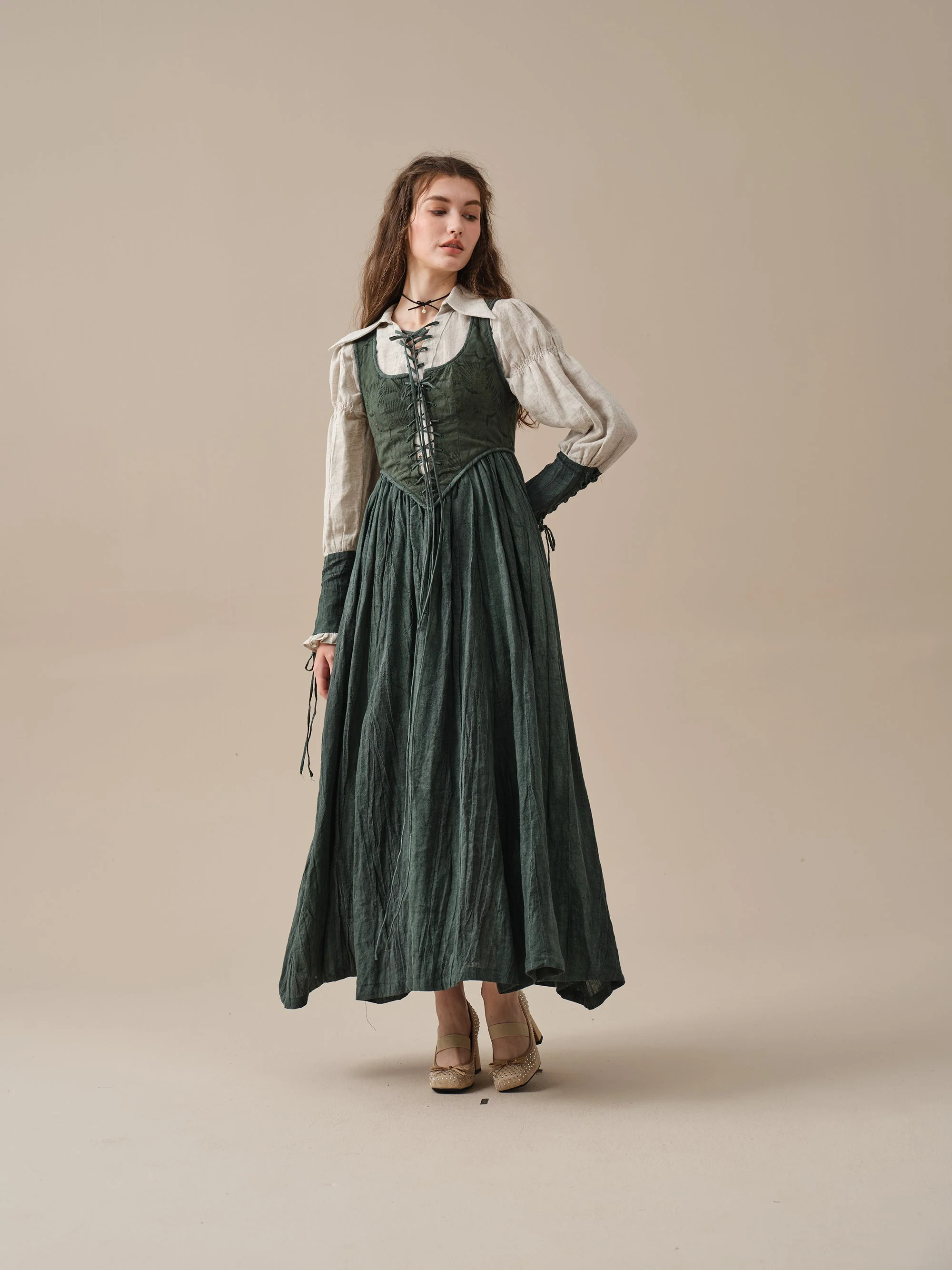 Anis 23 | Lace-up Jacquard Linen Corset Dress - Image 16