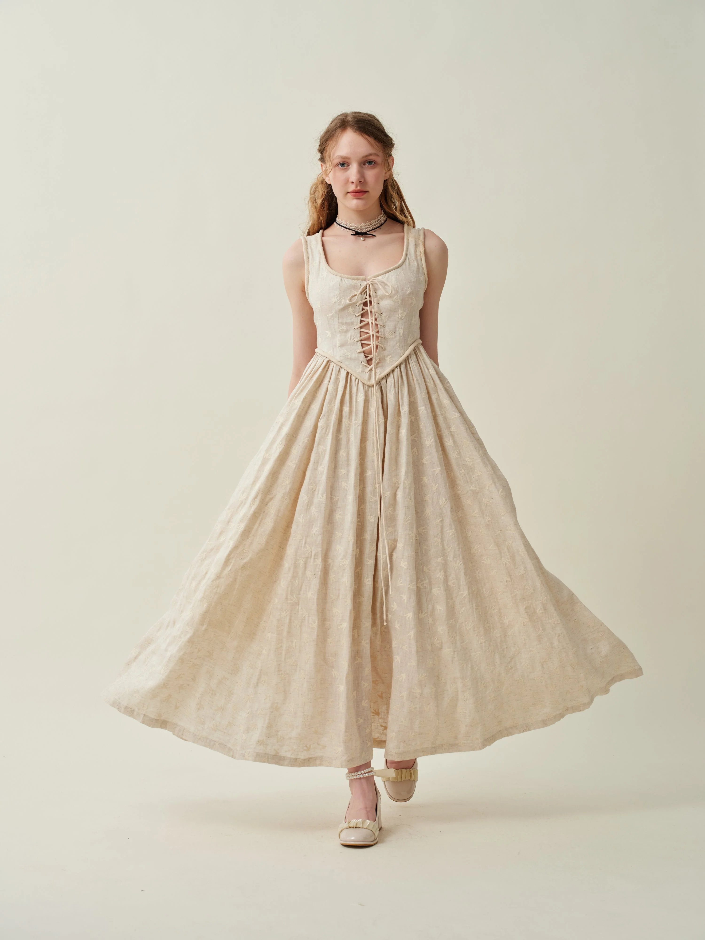 Anis 23 | Lace-up Jacquard Linen Corset Dress - Image 27
