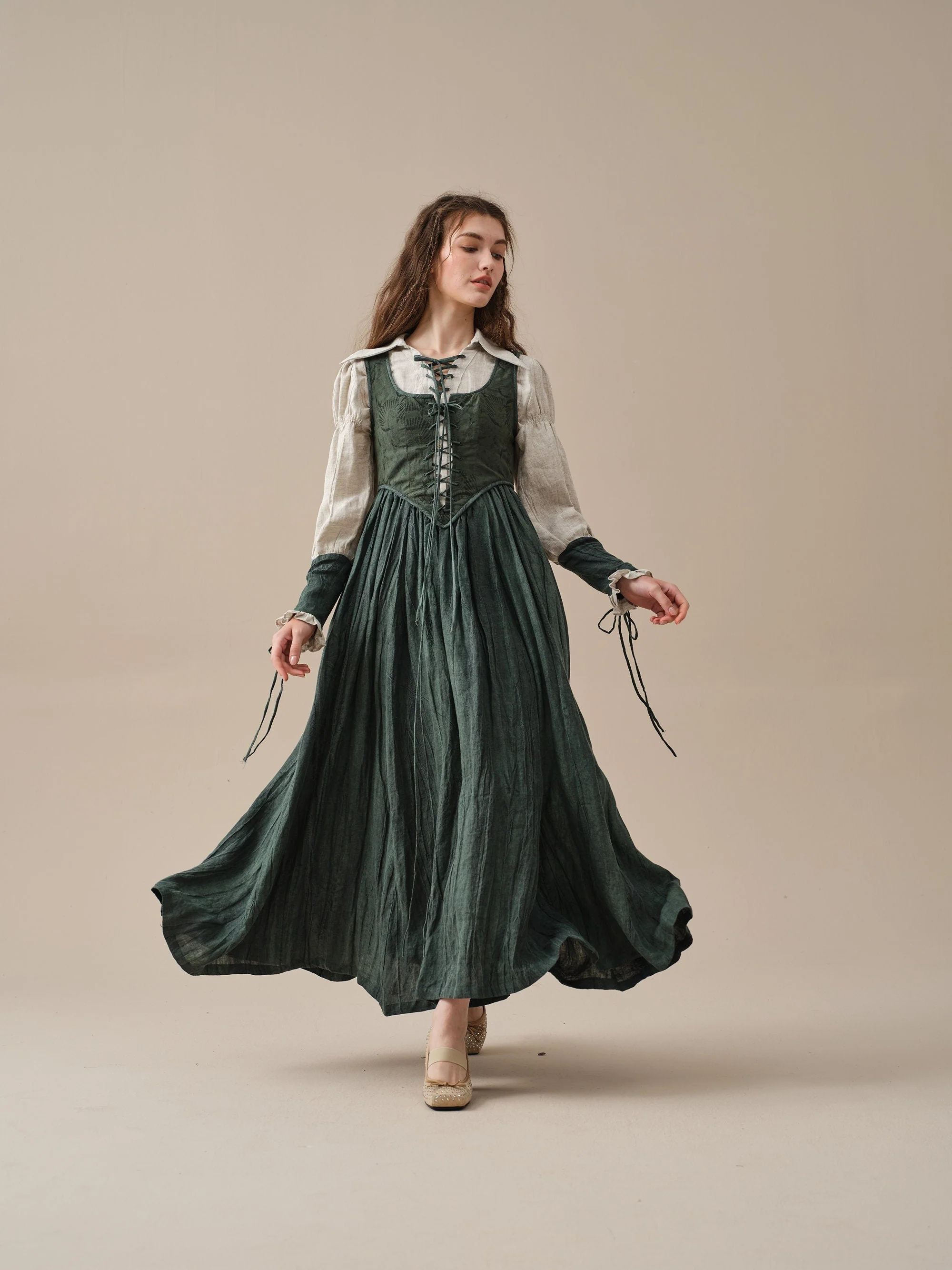 Anis 23 | Lace-up Jacquard Linen Corset Dress - Image 4