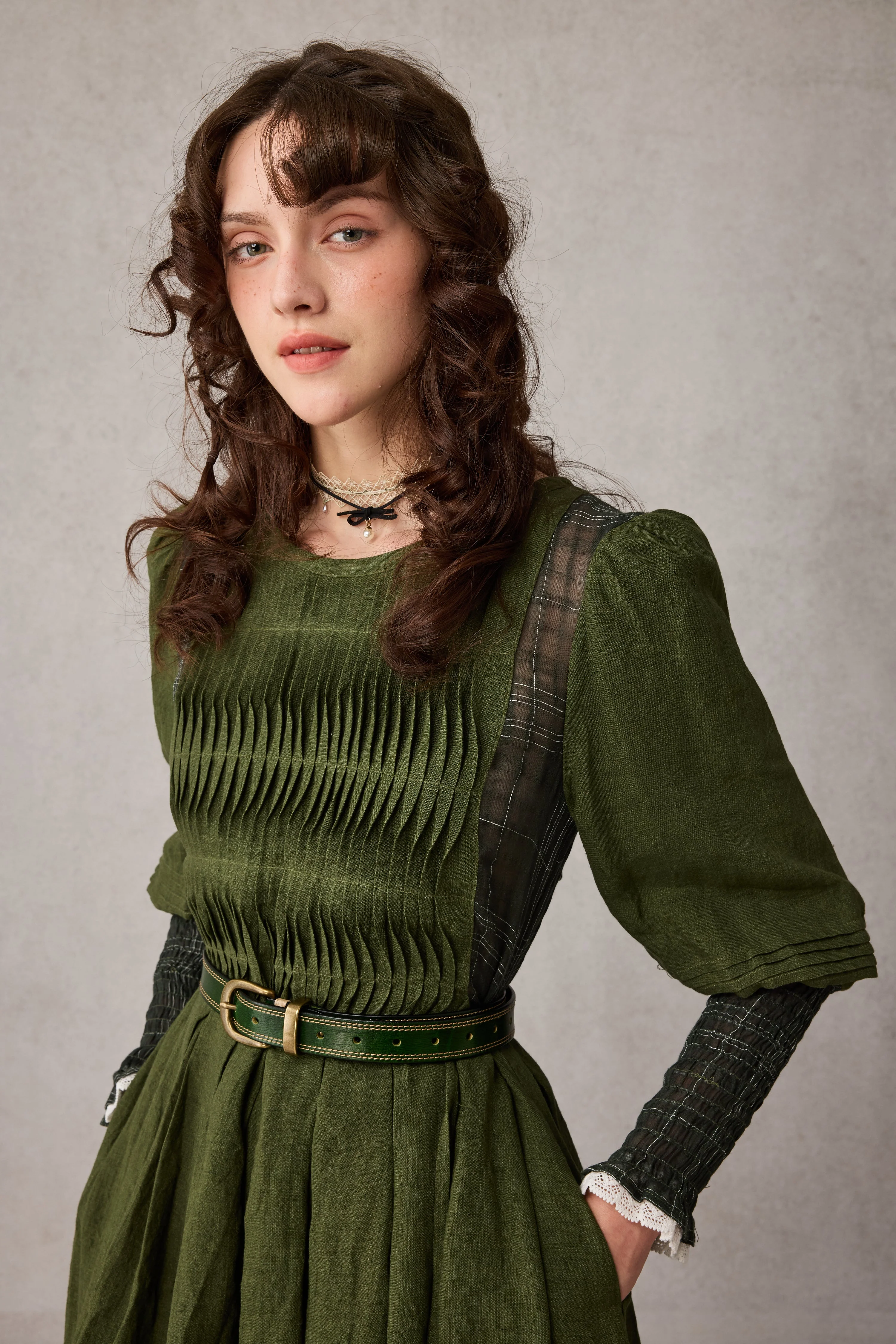 Eliana 15 | Pintucked Patchwork Linen Dress - Image 3