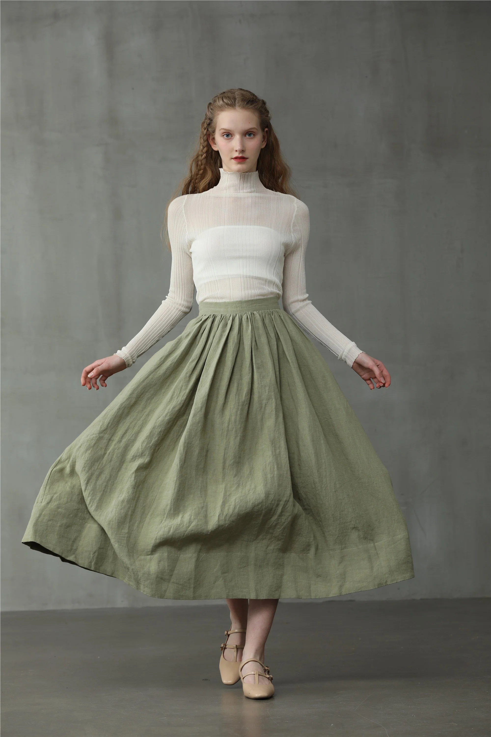 Daisy 03 | Pastel Green Linen Skirt - Image 12
