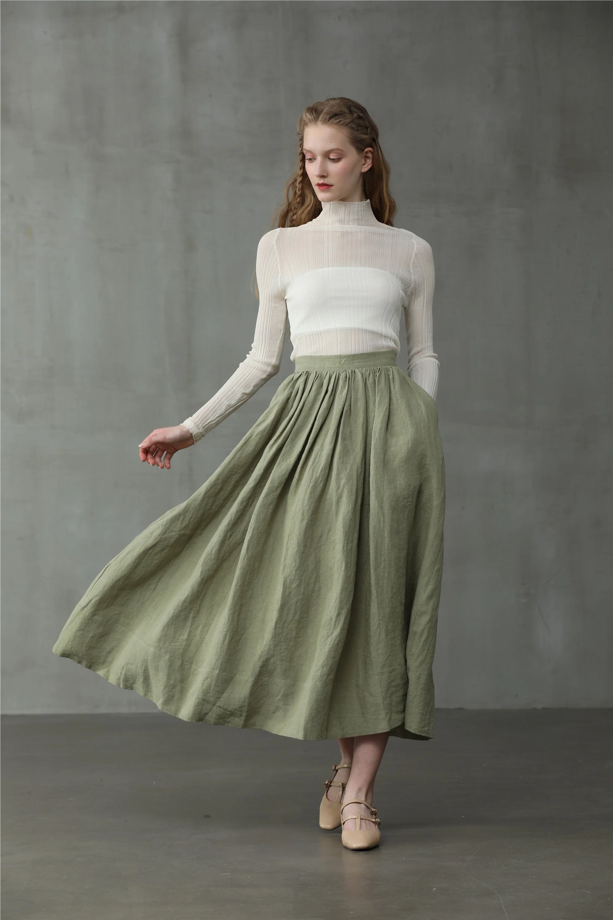 Daisy 03 | Pastel Green Linen Skirt - Image 13