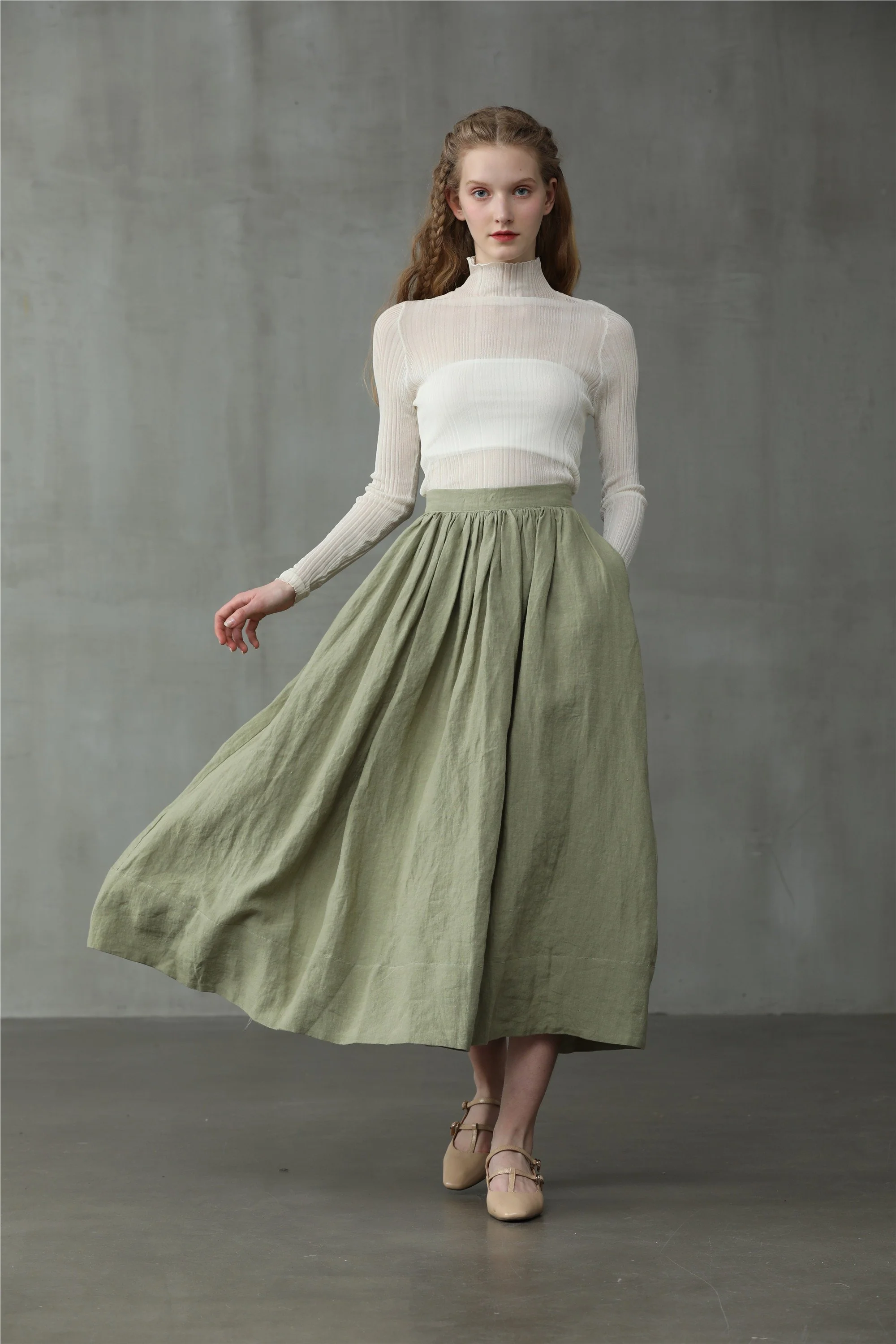 Daisy 03 | Pastel Green Linen Skirt - Image 9