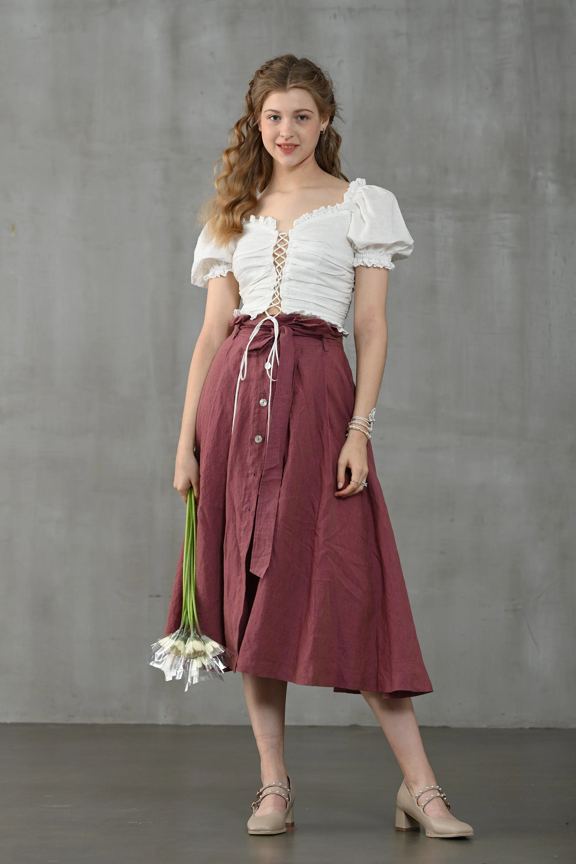 Jasmine 31 | lace-up white linen blouse - Image 9