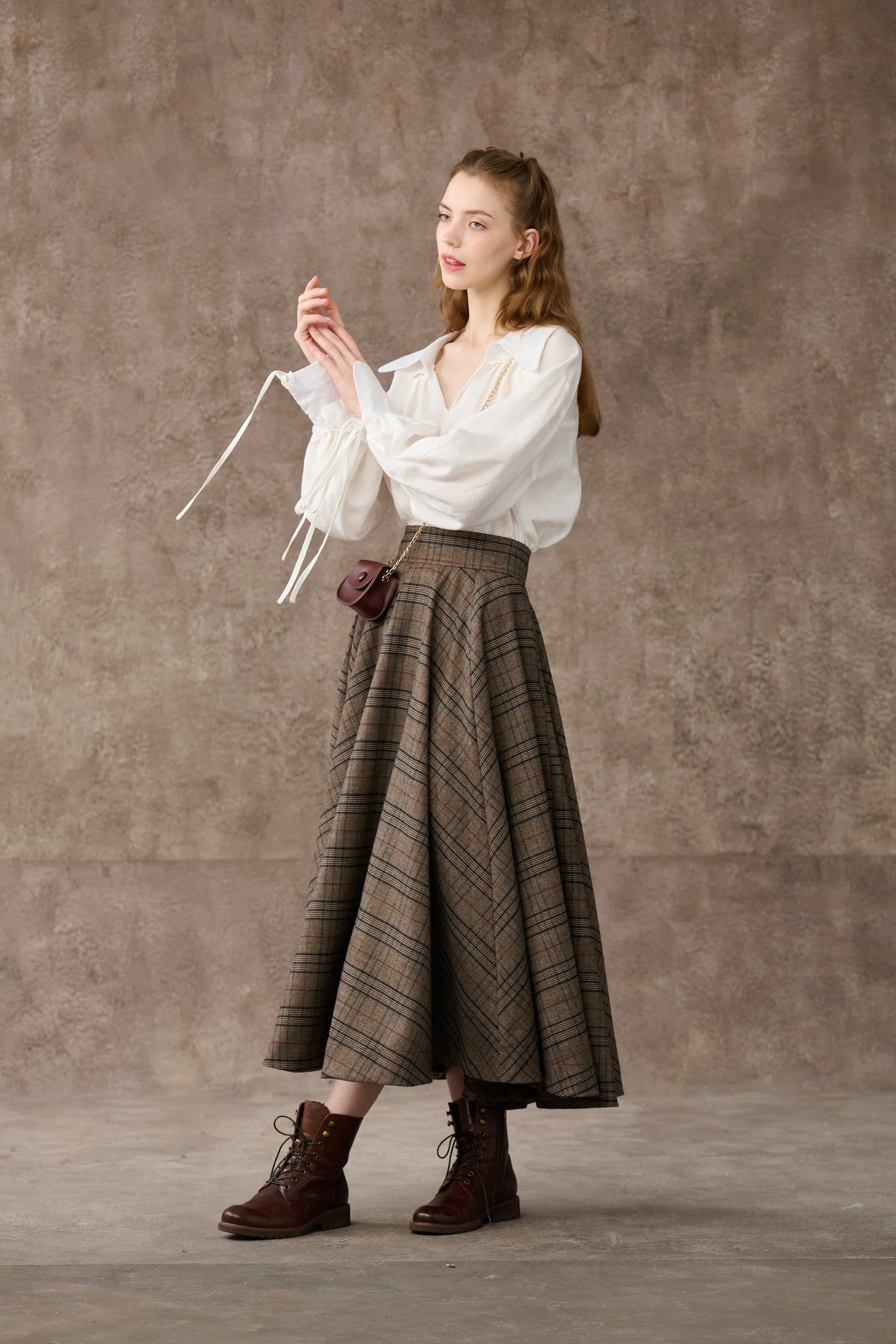 the Great Perhaps 2 | Tartan Wool Skirt in brown - Image 5