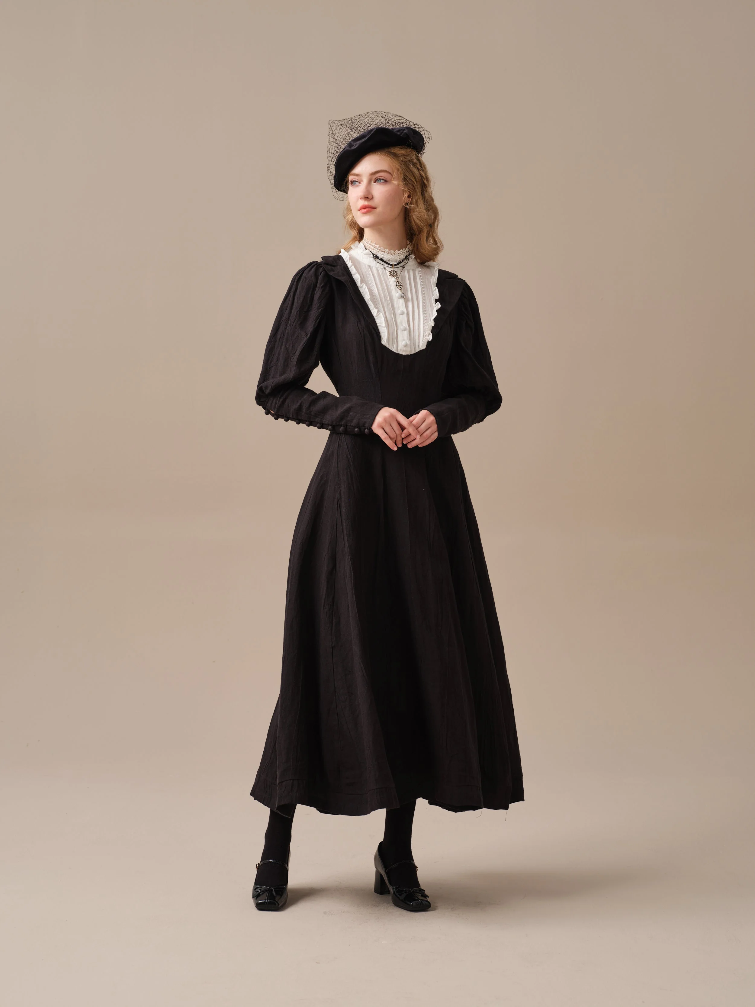 Luna 19 | 100% linen pintucked black dress - Image 11