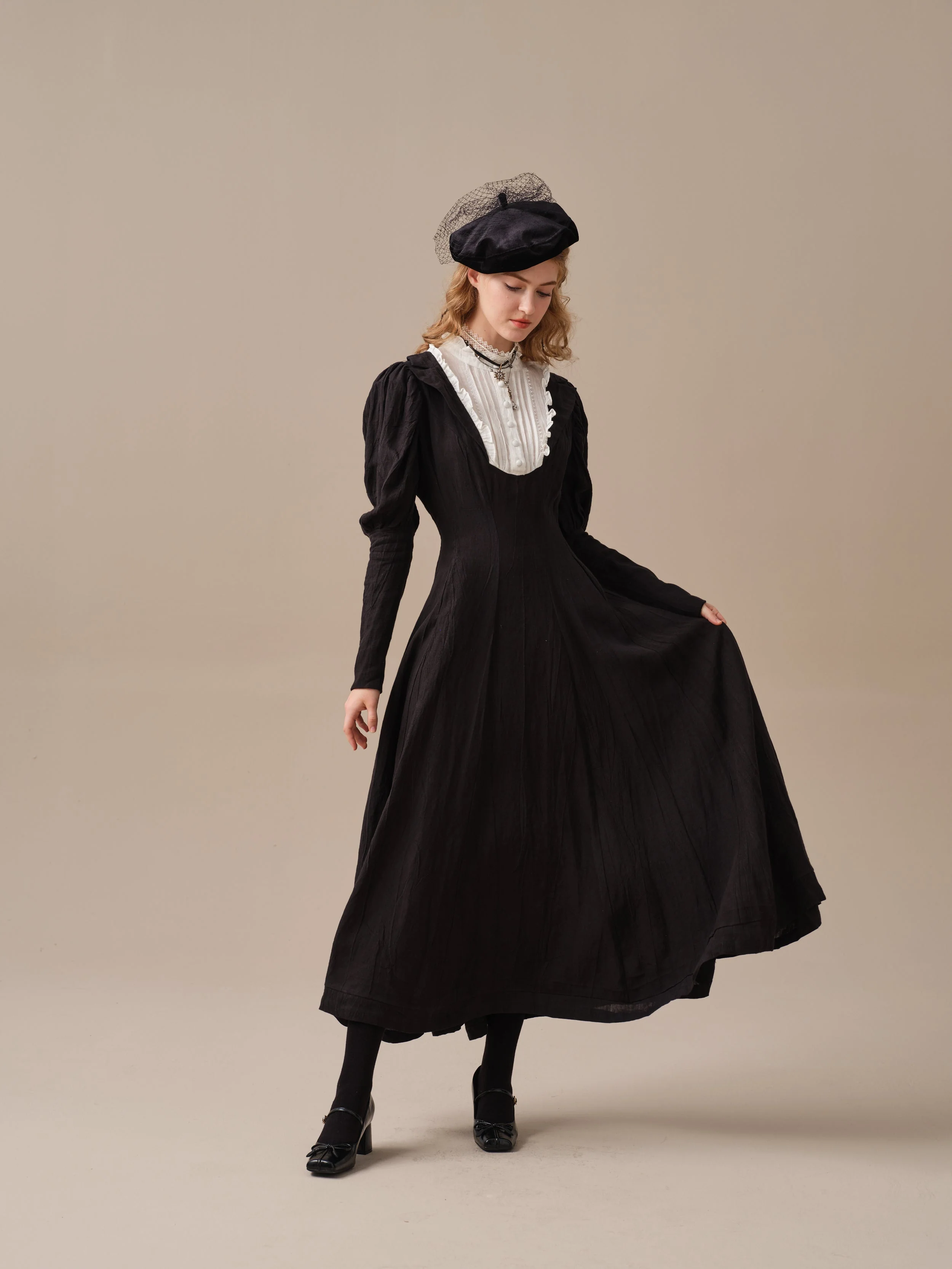Luna 19 | 100% linen pintucked black dress - Image 13