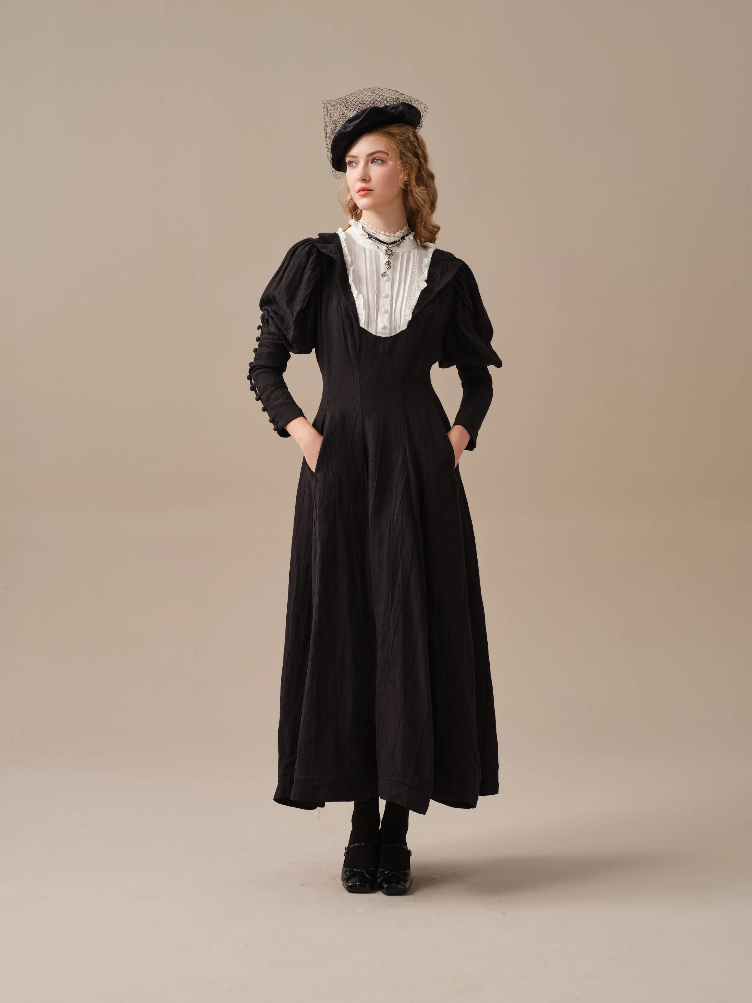 Luna 19 | 100% linen pintucked black dress - Image 15